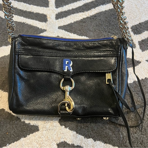 Rebecca Minkoff Monogram Mini Mac Black Leather blue polkadot lined bag - Picture 1 of 8